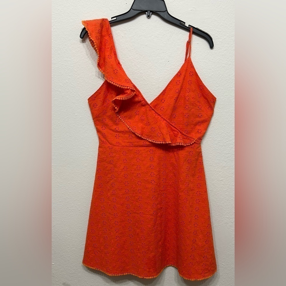 Lady Voxy Orange Eyelet Ruffle Mini Dress Asymmetrical One Shoulder Size‎ M